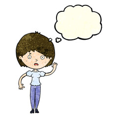 cartoon waving woman with thought bubble