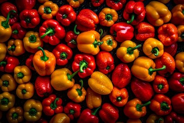 Top down view of fresh bell peppers with waterdrops. AI Generative Art.