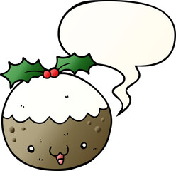 cute cartoon christmas pudding with speech bubble in smooth gradient style