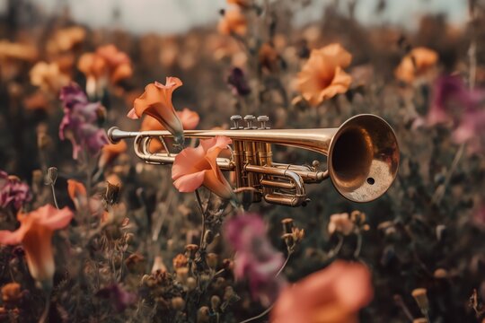 A trumpet close up amidst a field of flowers with a hazy background of assorted blooms. Generative AI
