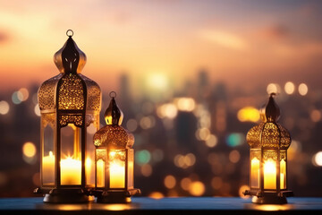 beautifully lit lantern with bokeh city lights and a dusky sky in the background sets the scene for the Muslim holiday of Eid al-Fitr. Ai Generative