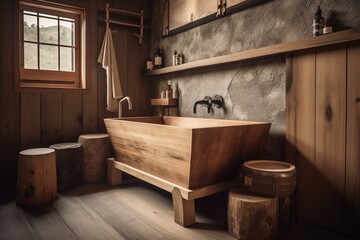 Obraz na płótnie Canvas Rustic Japanese-inspired bathroom with wooden washbasin and tub in earthy colors. Generative AI