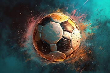 Fototapeta premium High resolution soccer ball illustration featuring particle effects, pencil and watercolor sketches, and 3D CG. Generative AI