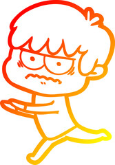 warm gradient line drawing of a annoyed cartoon boy