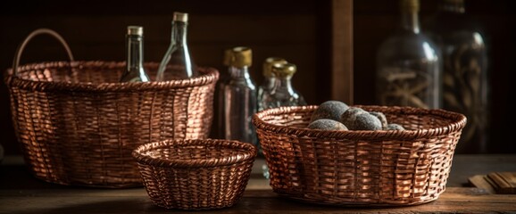 Obraz premium Nesting baskets in graduated copper, brass tones packed with beribboned bottles of olive oil, balsamic vinegar, aged wine for a kitchen table centerpiece. Generative AI