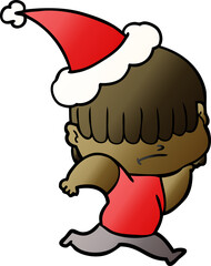 hand drawn gradient cartoon of a boy with untidy hair wearing santa hat
