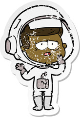 distressed sticker of a cartoon tired astronaut