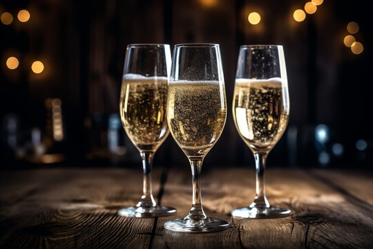 Three Champagne Glasses On A Wooden Table With A Winter Festive Background. Generative AI