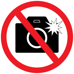 No flash cameras allowed sign, no photographing or photography, prohibition sign in red color vector symbol. Crossed out circle illustration, no taking pictures or video graphic design isolated.