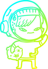 cold gradient line drawing of a cartoon astronaut woman