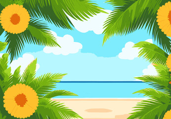 Summer background with sea, beach, sky, flowers and palm leaves, vector illustration.