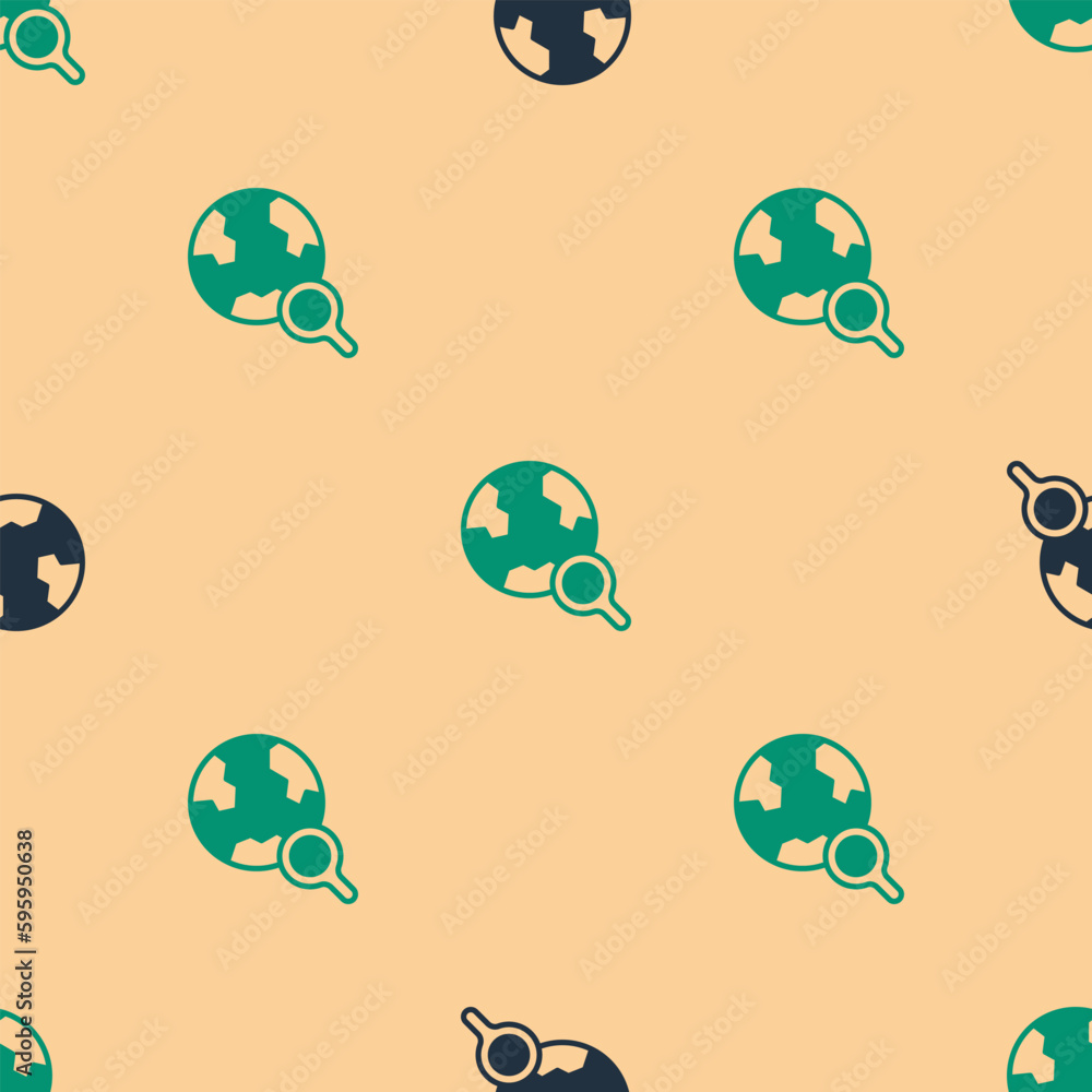 Poster green and black magnifying glass with globe icon isolated seamless pattern on beige background. anal