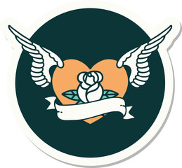 sticker of tattoo in traditional style of a flying heart with flowers and banner