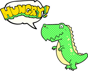 freehand drawn comic book speech bubble cartoon hungry dinosaur