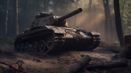 Tanks Battle in Dense Forest During World War Generative AI	