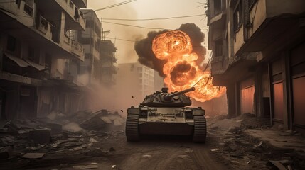 Tanks Navigate War-torn Cityscape Avoiding Debris and Hazards Generative AI	