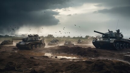 Tanks Maneuver Stormy Battlefield Fierce Weather Military Action Generative AI	