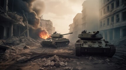 Two Tanks Face Off in Shattered Cityscape with Turrets Generative AI	