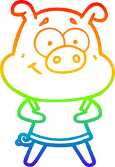 rainbow gradient line drawing of a happy cartoon pig