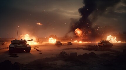 Convoy of Tanks Rumbles War-Torn Desert Landscape Military Mission Generative AI	