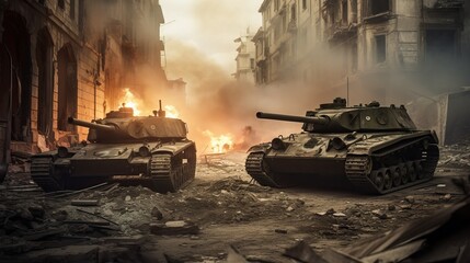 Tanks Confront Amidst Ruined Cityscape Urban Warfare Chaos Generative AI	