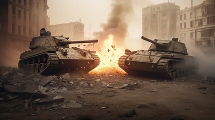 Tanks Clash Shattered Cityscape Intense Urban Combat Scene Generative AI	