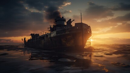 Smoldering Warship Wreckage Partially Submerged Naval Loss Generative AI	