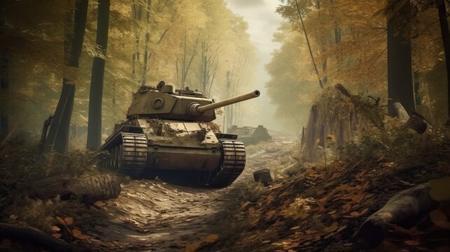 Tanks Battle in Forest Amidst Dense Foliage and Rugged Terrain Generative AI	