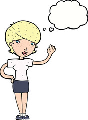 cartoon woman waving with thought bubble
