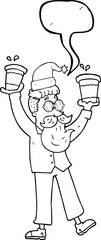 freehand drawn speech bubble cartoon man with coffee cups at christmas