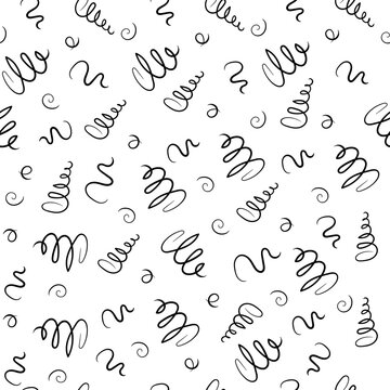 Seamless squiggle pattern black on white. Cheerful background with swirling doodles. Children print with serpentine