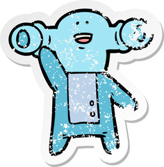 distressed sticker of a friendly cartoon alien waving