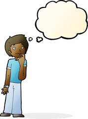 cartoon boy wondering with thought bubble