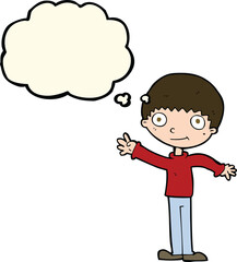cartoon happy waving boy with thought bubble