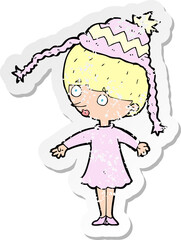 retro distressed sticker of a cartoon woman wearing winter hat