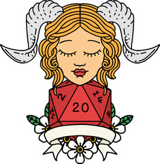 Retro Tattoo Style tiefling with natural twenty dice roll