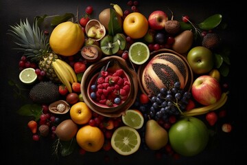 Variety of fruits from above. Generative AI