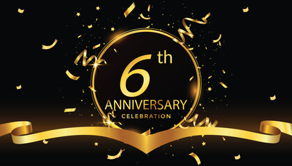 41st Years Anniversary Celebration Gold Number And Golden Ribbons With Fireworks On Dark Background. Vector Illustration