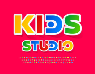 Vector Colorful poster Kids Studio. Creative Sticker Font. Set of bright  Alphabet Letters, Numbers and Symbols