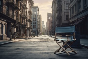 Fototapeta na wymiar Movie set on empty city street with director chair, clapper, & megaphone. 3D render. Generative AI