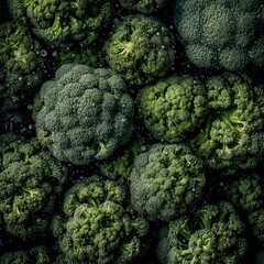 Top down view of fresh broccoli with waterdrops. AI Generative Art.