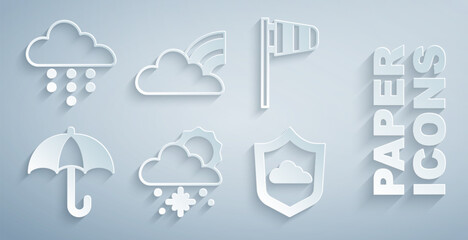 Set Cloud with snow and sun, Cone windsock wind vane, Umbrella, Weather forecast, Rainbow clouds and rain icon. Vector