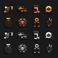 Set Vitamin pill, Grandmother, Yarn ball with knitting needles, Sport expander, Disco, Medicine bottle pills, Blood pressure and Monitor cardiogram icon. Vector