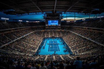Blue court and packed stadium. Generative AI - obrazy, fototapety, plakaty
