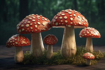 Amanita mushrooms shown in 3D illustration. Generative AI