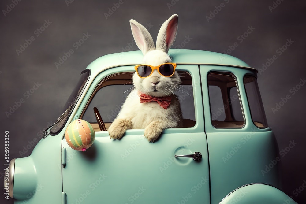 Wall mural Easter Bunny In Shades Driving An Eggfilled Car And Spreading Joy. Generative AI