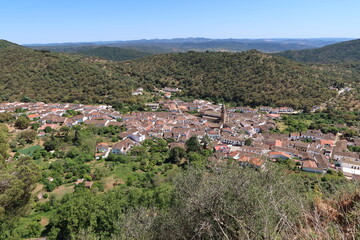 Fototapeta na wymiar Alajar, Huelva, Spain, April 23, 2023: View of the white village of Alajar, in the Sierra de Aracena, Huelva, Spain
