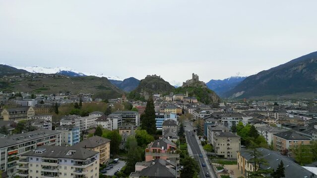 City of Sion in Switzerland also called Sitten from above - aerial view by drone