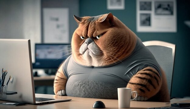 A fat cat is sitting at the office table in front of a computer. Sedentary lifestyle concept, generative ai