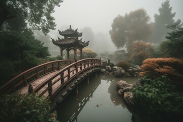 A foggy painting of a bridge over a pond with a pagoda and trees. Generative AI